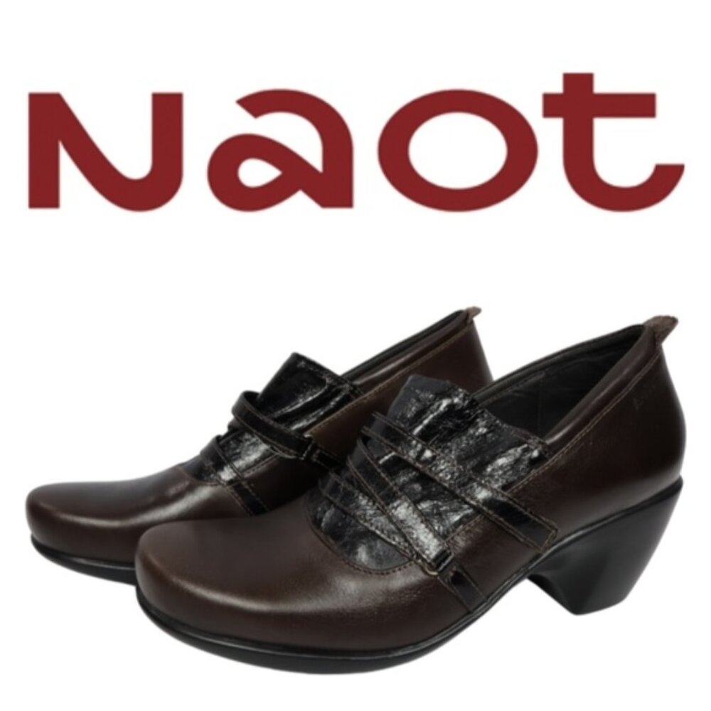 Naot Brown Leather Patent Strap Comfort Heels Orthopedic Ankle Shoes - Size 38